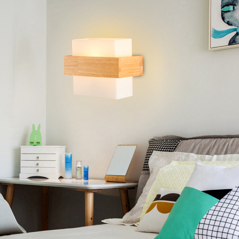 White Glass Rectangle Sconce Lighting Modern Single-Bulb Wall Light Fixture with Wooden Decor