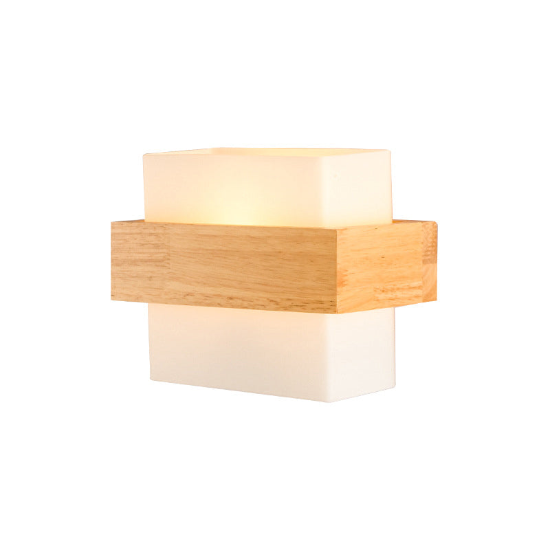 White Glass Rectangle Sconce Lighting Modern Single-Bulb Wall Light Fixture with Wooden Decor