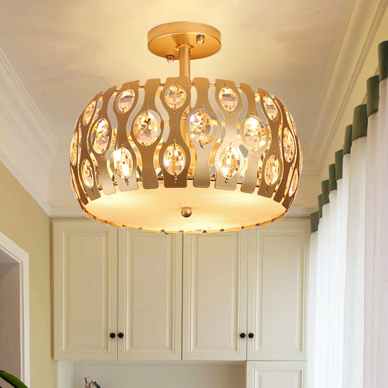 Drum Semi Flush Mount Light Modern Metal and Crystal 3 Lights Gold Ceiling Flush Mount Light