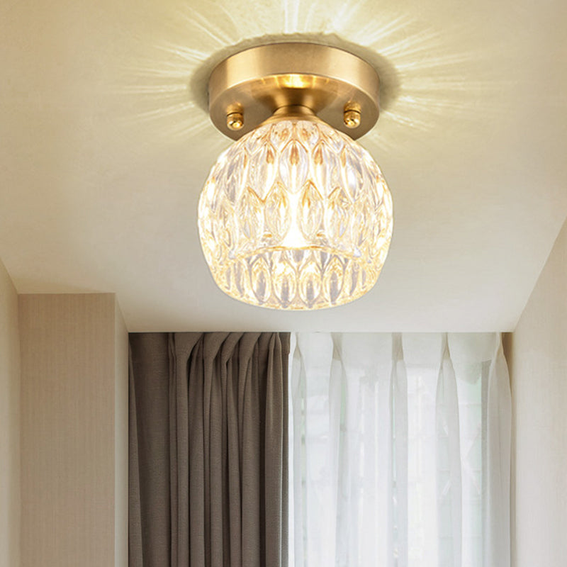 Dome Flush Mount Light Modernism Dimpled Crystal 1 Light Brass Ceiling Light Fixture for Corridor