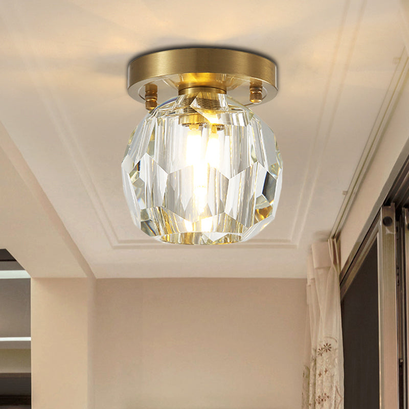 Lámpara de techo de latón con pantalla de cristal facetado contemporáneo, montaje empotrado, 1 luz, para pasillo