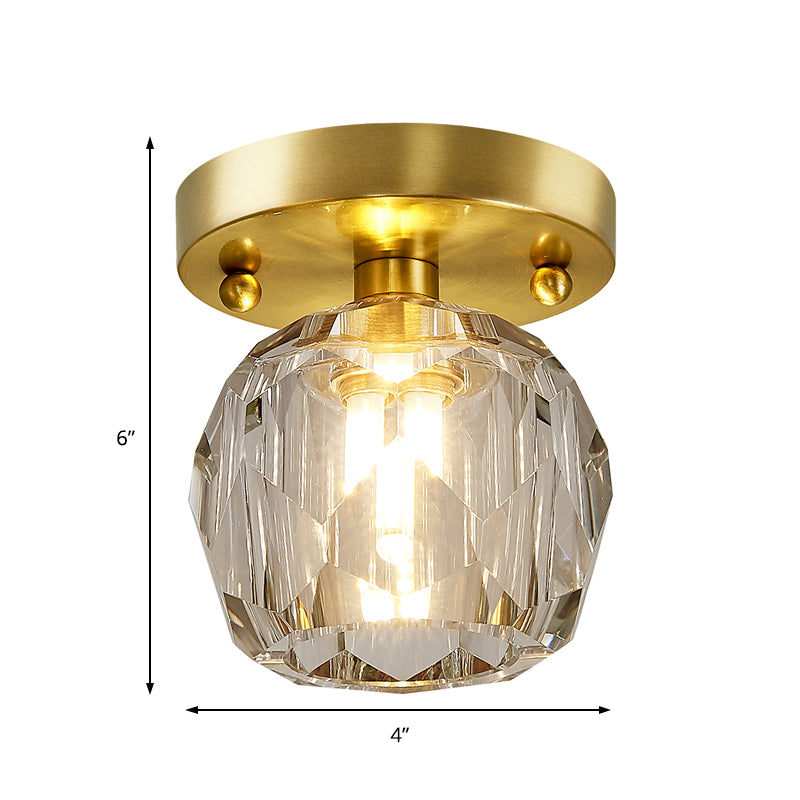 Faceted Crystal Globe Shade Semi Flush Mount Modern 1 Light Brass Ceiling Mounted Light