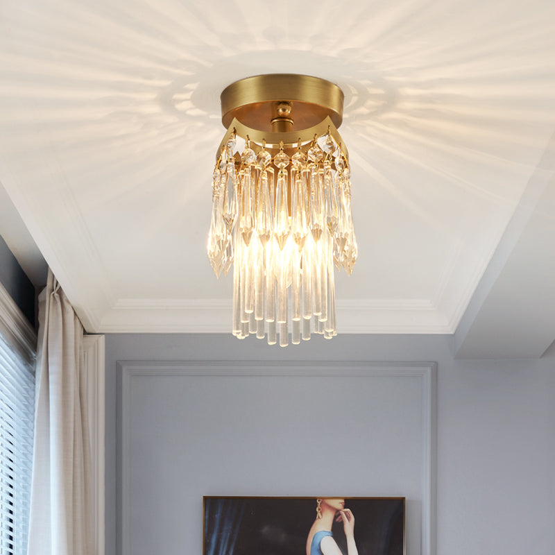 Brass Cylinder Ceiling Light Modern 1 Light Crystal Semi Flush Mount Light for Corridor