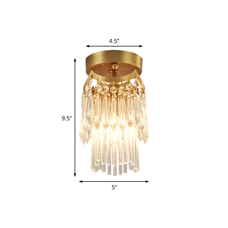 Brass Cylinder Ceiling Light Modern 1 Light Crystal Semi Flush Mount Light for Corridor