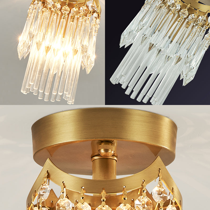 Brass Cylinder Ceiling Light Modern 1 Light Crystal Semi Flush Mount Light for Corridor