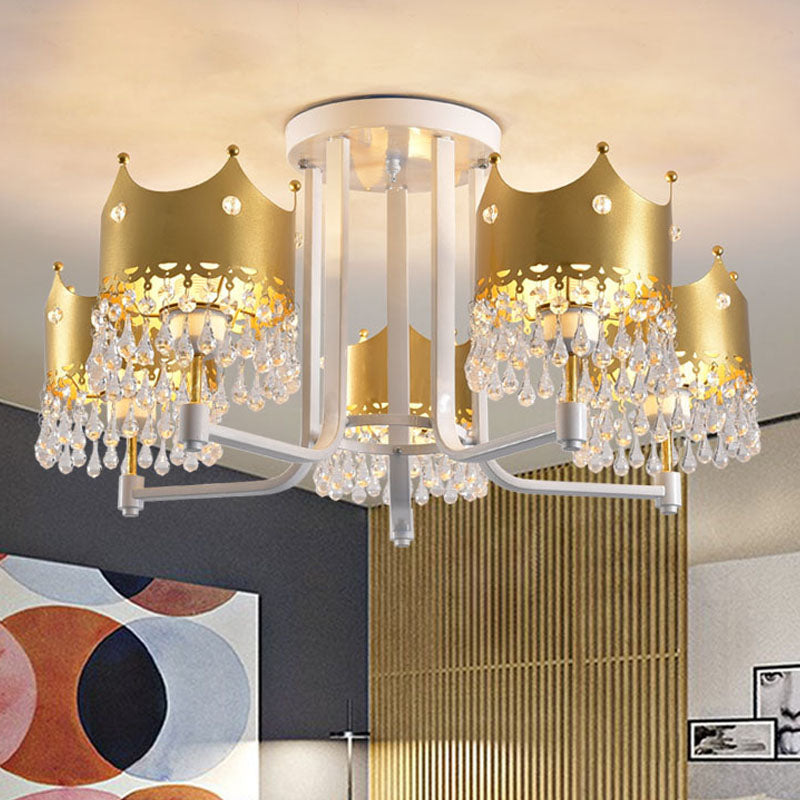 Crown Shape Chandelier Light Modern Waterdrop Crystal 5 Lights Gold Ceiling Light