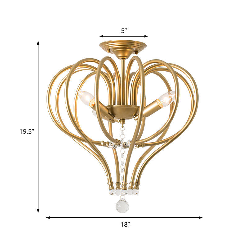 Lámpara de semi rascilla de la corona dorada 3 luces contemporáneas metal de metal cerca del techo con caída de cristal