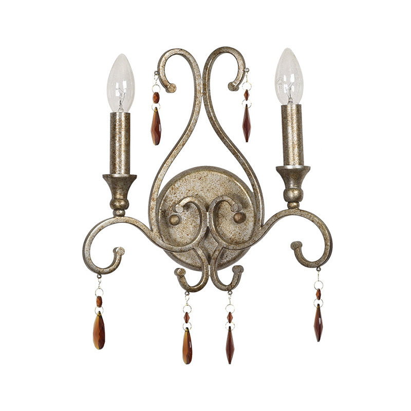 Candle Wall Sconce French Country Iron 2 Lights Aged Silver Sconce Light Fixture with K9 Crystal Deco