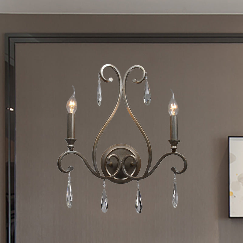 Candle Wall Lamp Vintage Stylish Wrought Iron 2 Lights Silver Wall Light Fixture with Clear Crystal Accent