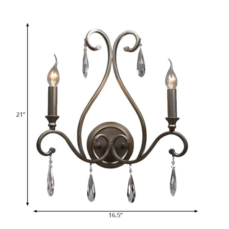 Candle Wall Lamp Vintage Stylish Wrought Iron 2 Lights Silver Wall Light Fixture with Clear Crystal Accent