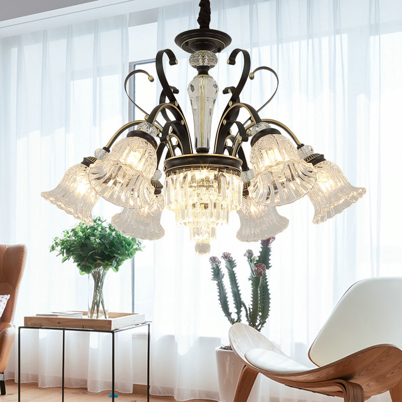 Traditioneller 6-Licht-Kronleuchter klarer kristallschattiger blumiger Deckenpendelllicht in Schwarz