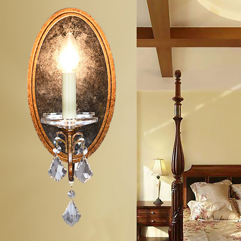 Open Bulb Wall Sconce French Country Clear Crystal 1 Head Antique Brass Wall Lighting with Oval Backplate