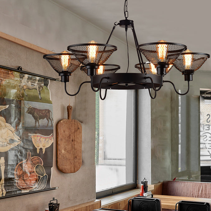 6/8-Light Flared Chandelier Lighting with Wire Mesh Shade Industrial Black Metal Down/Up Ceiling Light for Restaurant
