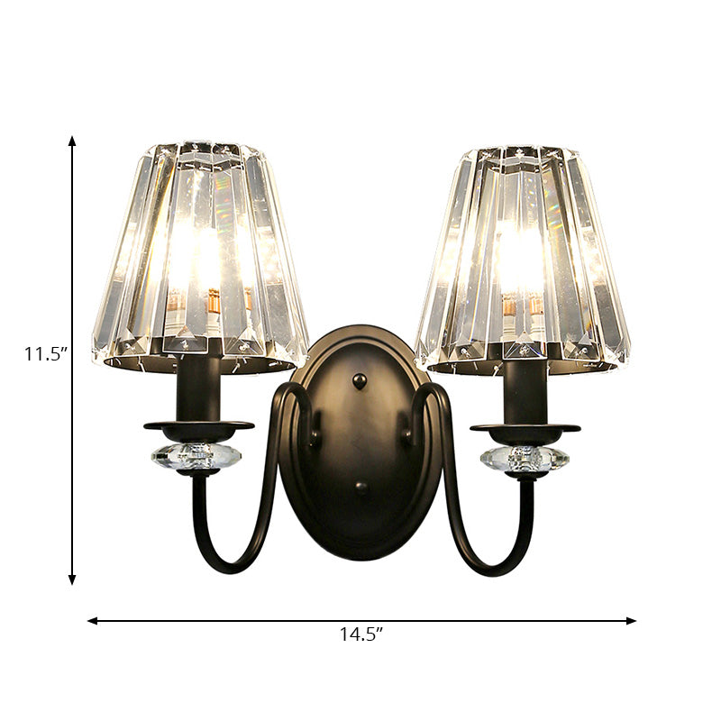 Lampada con pala prisma di cristallo chiaro modernista 2 luci nere finitura da parete con ombra cono e braccio a collo di allevamento