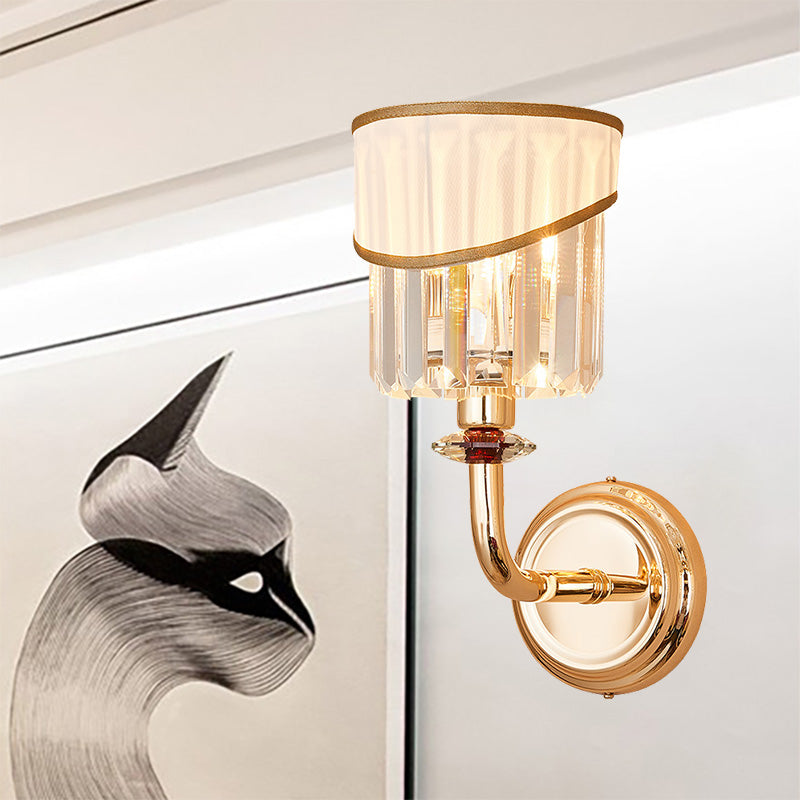 Tapered Fabric Shade Wall Light Modern Style 1 Head Gold Wall Mount Lamp with Clear Crystal Prism and Curved Arm