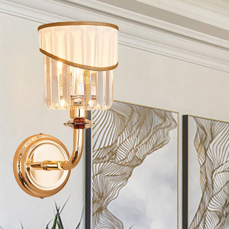 Tapered Fabric Shade Wall Light Modern Style 1 Head Gold Wall Mount Lamp with Clear Crystal Prism and Curved Arm
