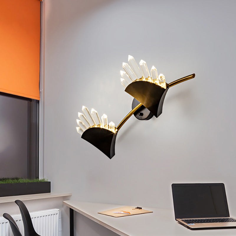 Lampada da parete a forma di ventola nera Stile contemporaneo 1/2 luci a parete in metallo con prisma cristallino chiaro