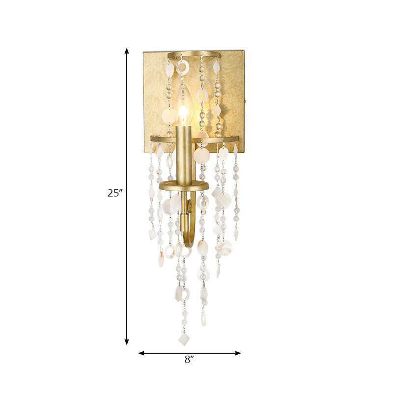 Exposed Wall Sconce Fixture Vintage Style Metal 1 Bulb Brass Wall Light with Crystal Beaded Strand and Shell Deco