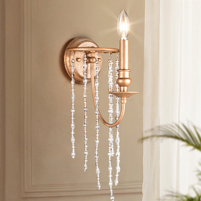 Open Bulb Metal Wall Mounted Lamp Modern Style 1 Head Copper Sconce Light with Clear Crystal Beaded Strand