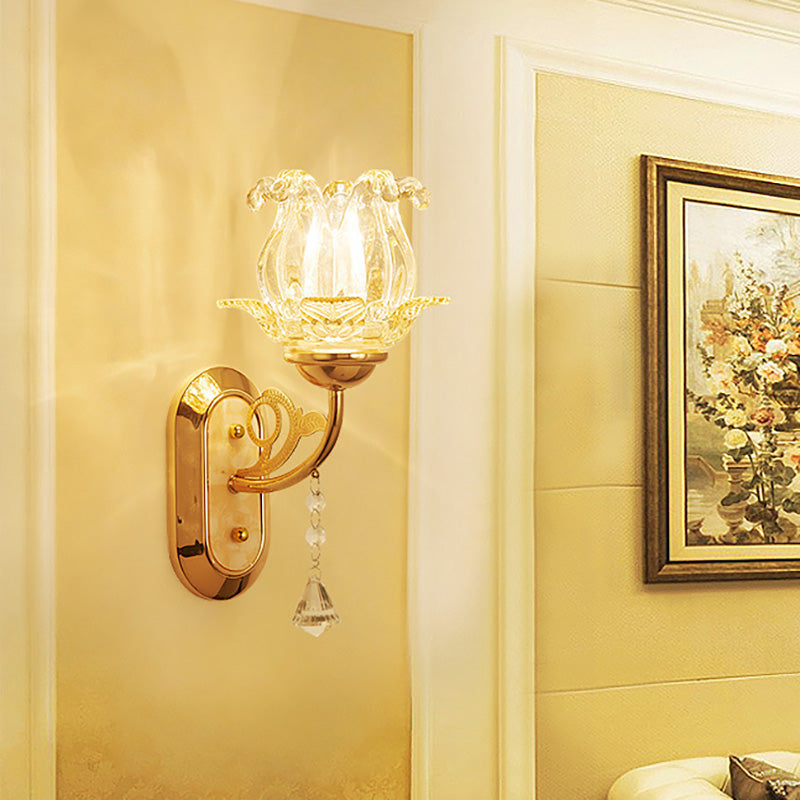 1/2-Bulb Bedside Wall Sconce Lamp Vintage Style Golden Wall Light with Flower Amber Glass Shade and Pull Chain