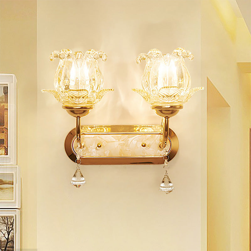 1/2-Bulb Bedside Wall Sconce Lamp Vintage Style Golden Wall Light with Flower Amber Glass Shade and Pull Chain