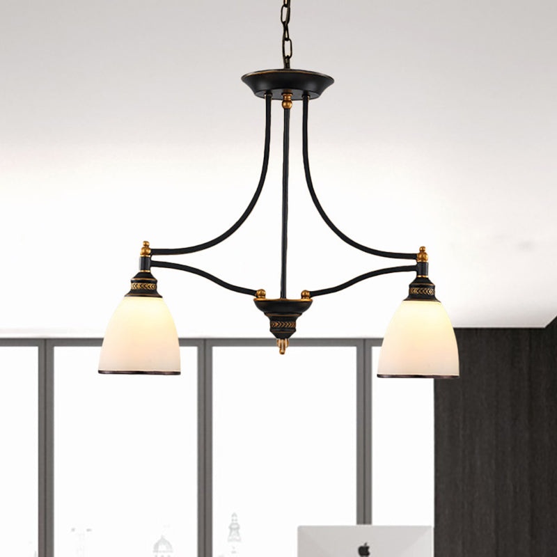 White Glass Barrel Shape Island Pendant Light Traditional 2 Lights Dining Room Hanging Lamp in Black