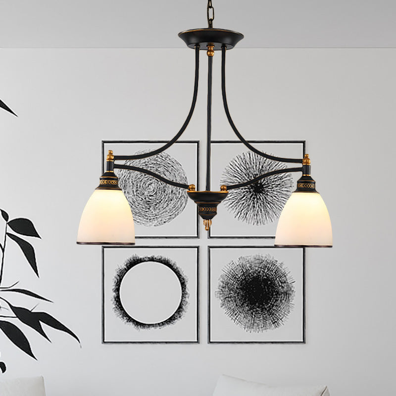 White Glass Barrel Shape Island Pendant Light Traditional 2 Lights Dining Room Hanging Lamp in Black