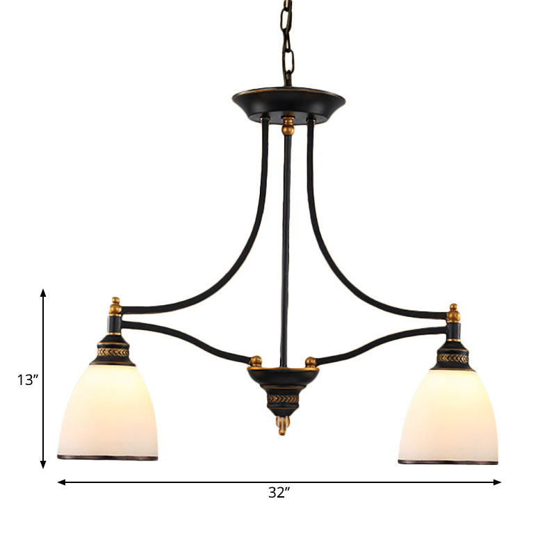 White Glass Barrel Shape Island Pendant Light Traditional 2 Lights Dining Room Hanging Lamp in Black