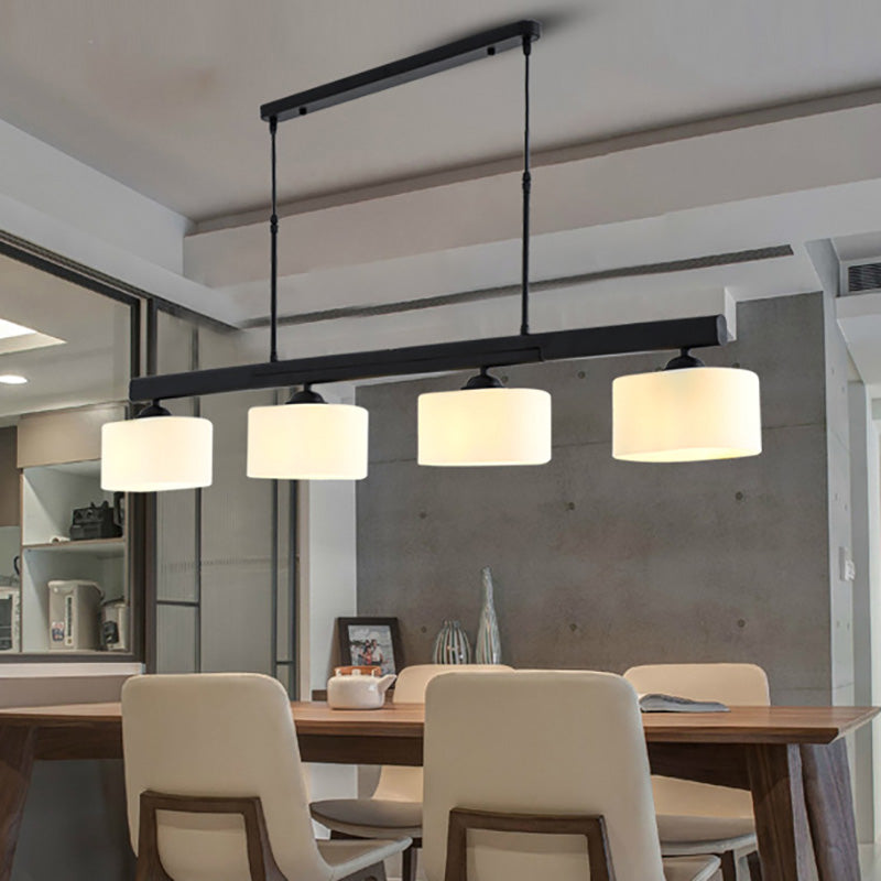 Traditionnel Drum Island Pendant 4 Lumières Verre blanc Hanging Light Kit en noir pour salle à manger