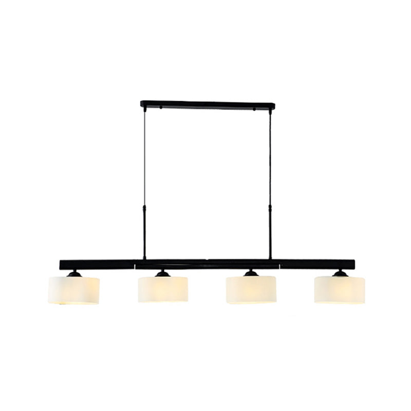 Traditional Drum Island Pendant 4 Lights White Glass Hanging Light Kit in Black for Dining Room