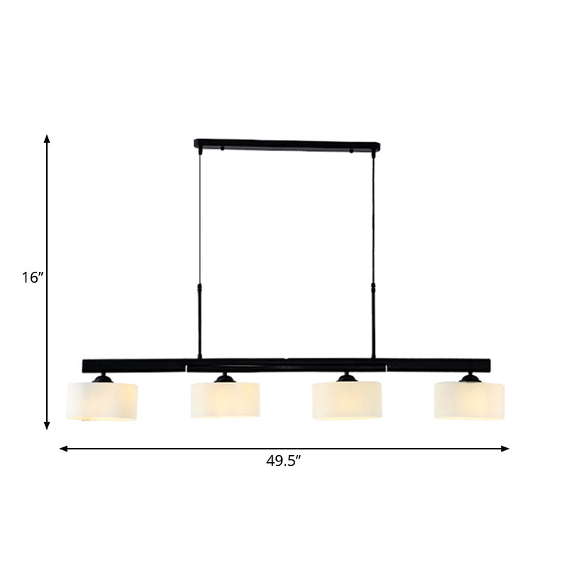 Traditionnel Drum Island Pendant 4 Lumières Verre blanc Hanging Light Kit en noir pour salle à manger