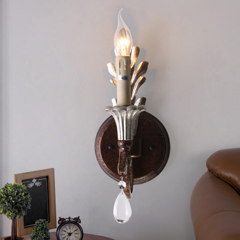 Candle Sconce Light Fixture Vintage Style Metal 1 Bulb Rust Wall Mount Light with Clear Crystal Teardrop Deco
