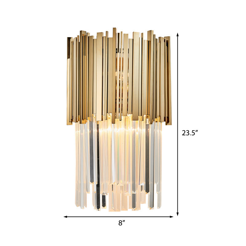 8"/12" W Tiered Sconce Light Modern Style Clear Crystal and Metal 2 Bulbs Golden Wall Mounted Lamp