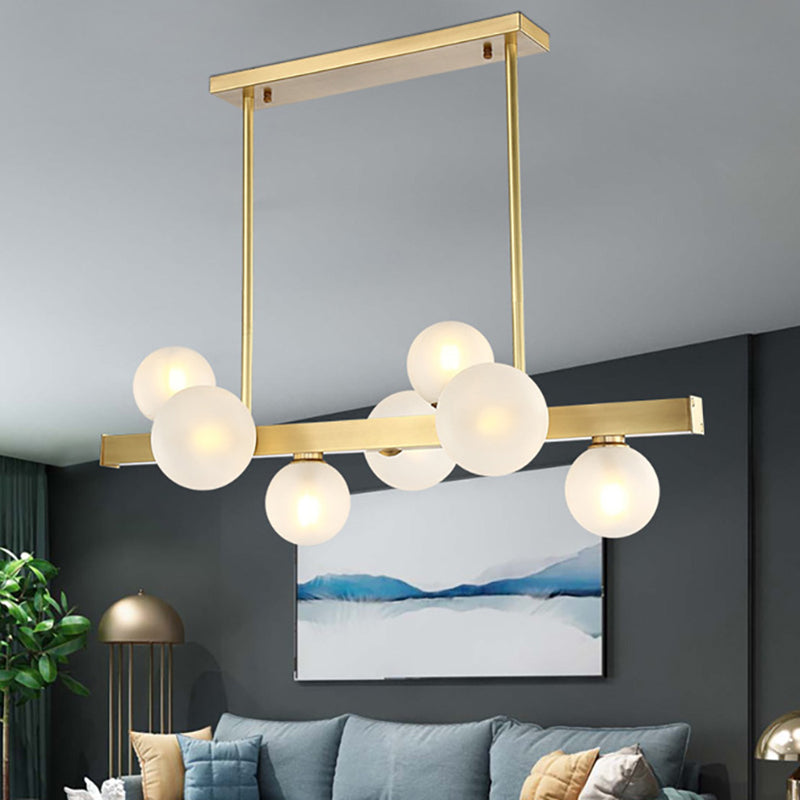 Spherical Frosted Glass Hanging Pendant Light Traditional 7/12 Lights Dining Room Island Lighting Fixture in Gold