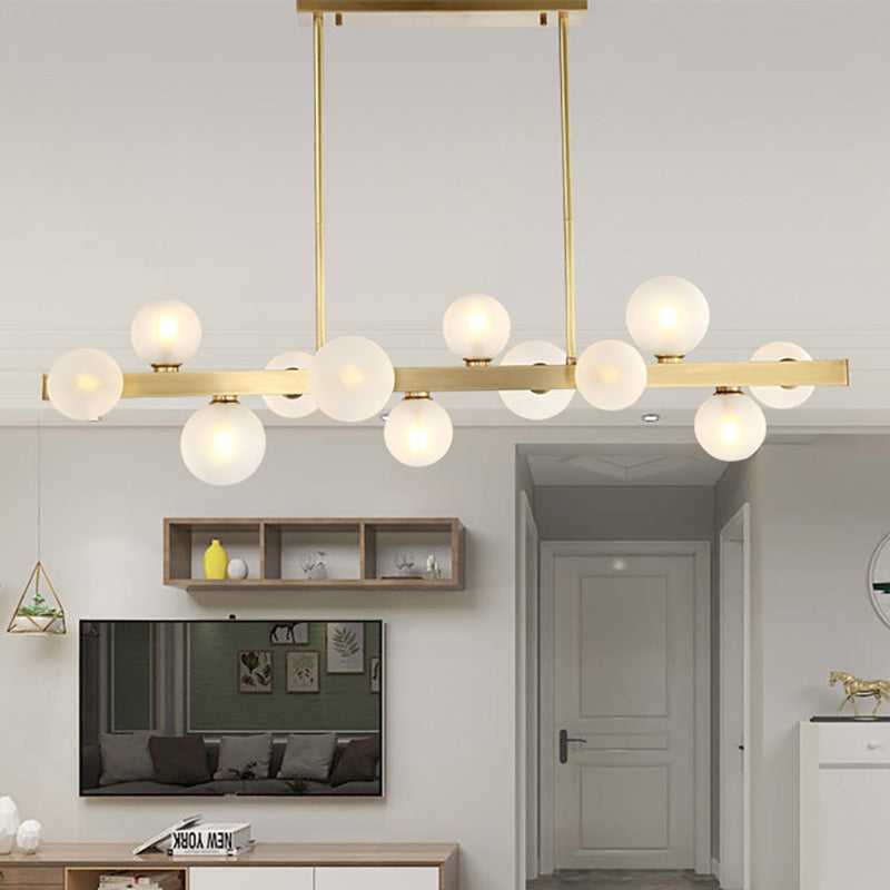Spherical Frosted Glass Hanging Pendant Light Traditional 7/12 Lights Dining Room Island Lighting Fixture in Gold