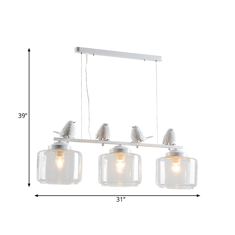 Clear Glass White Island Pendant Barrel 3 Lights Traditional Hanging Light Kit for Dining Room with Birds