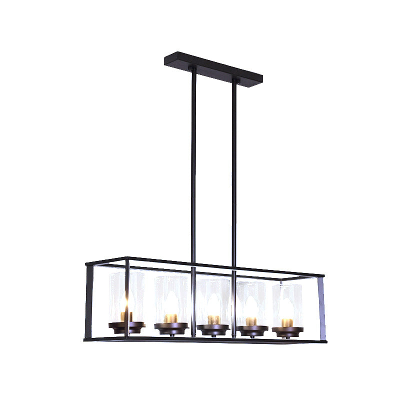 5/6 Lights Dining Room Hanging Light Kit Classic Black Island Lighting with Cylinder Clear Glass Shade