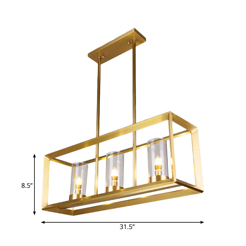 Classic Rectangle Hanging Pendant Light 3/4/5 Lights Clear Glass Island Lighting in Gold for Dining Room