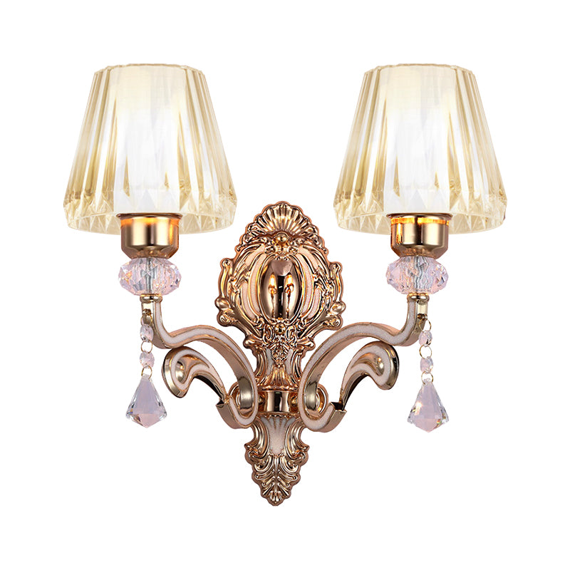 Cone Wall Lamp Vintage Stylish Metal 2 Lights Brass Sconce Lighting with Clear Glass Shade and Crystal Accent