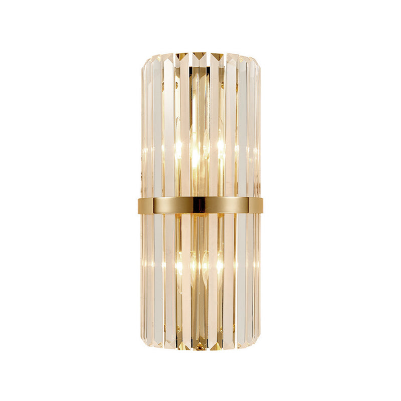 Clear Faceted Crystal Wall Lamp Vintage Stylish 2 Lights Brass/Gold Sconce Lighting with Cylinder Shape for Living Room