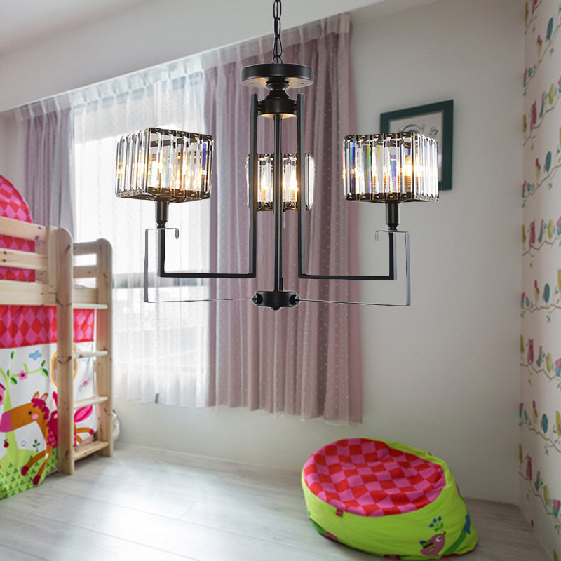 Schwarzer quadratischer Anhänger Kronleuchter Retro -Kristall 3/6 Lampen hängende Anhänger Licht