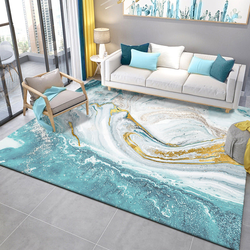 Blue Geography Rug Polyster Nordic Area Rug Non-Slip Backing Pet Friendly Carpet for Decoration