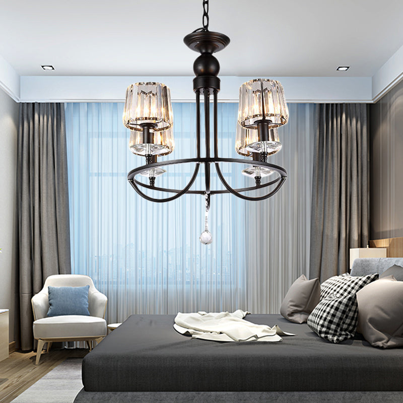 4/6/8 Lights Circle Hanging Chandelier Contemporary Crystal Suspension Light in Black for Bedroom