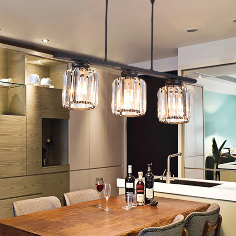 Nordic Cylinder Island Pendant Crystal 3/4 Bulbs Hanging Ceiling Light in Black for Living Room