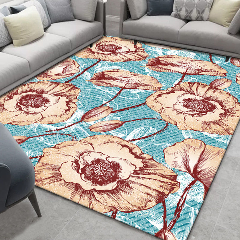 Chinese Plant Print Rug Multi Colored Polyster Area Rug Polyster Pet Friendly Machine Washable Carpet for Room