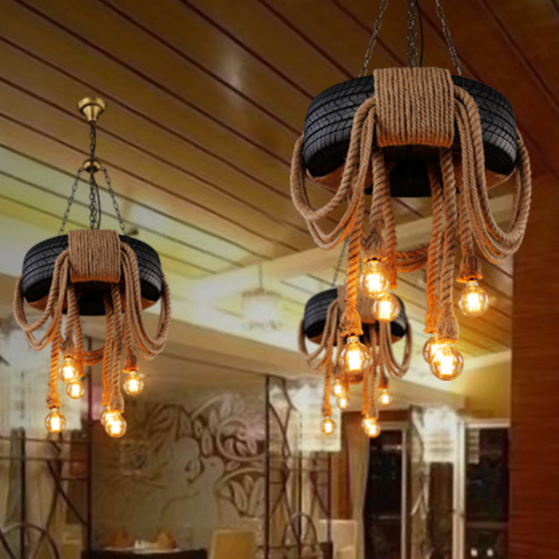Éclairage de plafond de pneu antique 6 têtes Corde de chanvre luminaire luminaire en noir