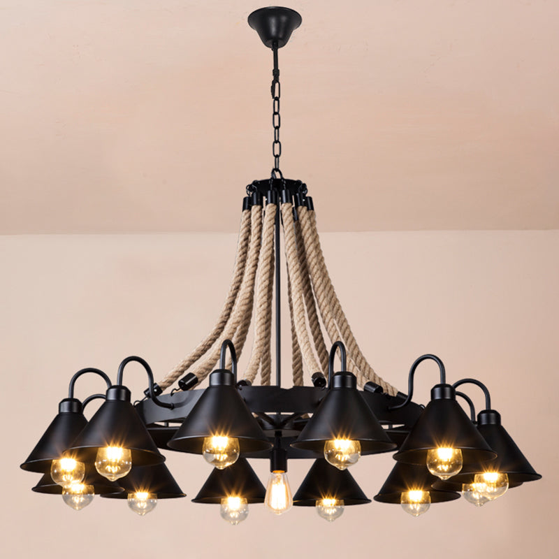 Black Conical Shade Chandelier Lighting Antique Style Iron Restaurant Pendant Light Fixture with Hemp Rope