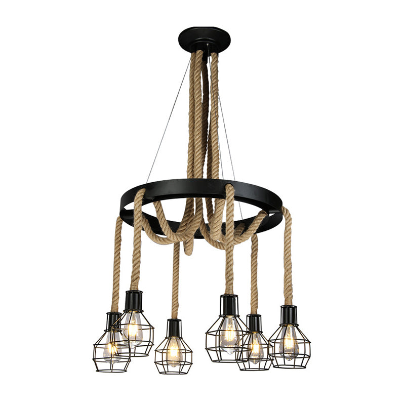 Grenade Metallic Ceiling Lighting Retro Style Restaurant Chandelier Light Fixture with Hemp Rope in Black