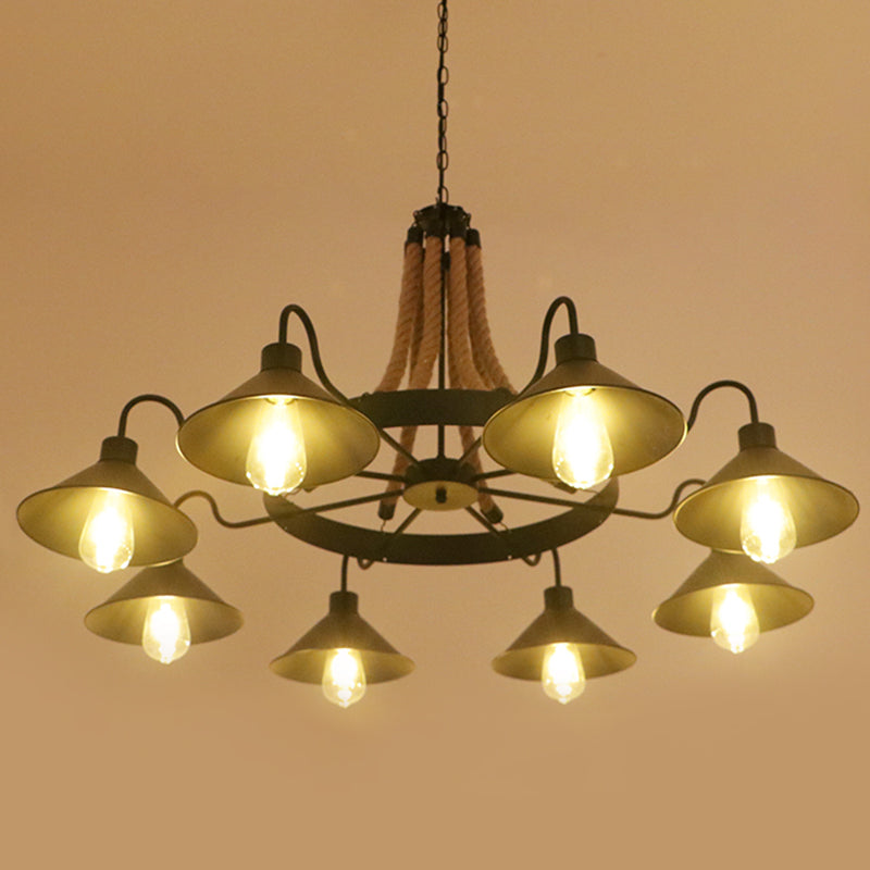 Circular Iron Ceiling Lighting Industrial Restaurant Chandelier Light Fixture with Hemp Rope in Black