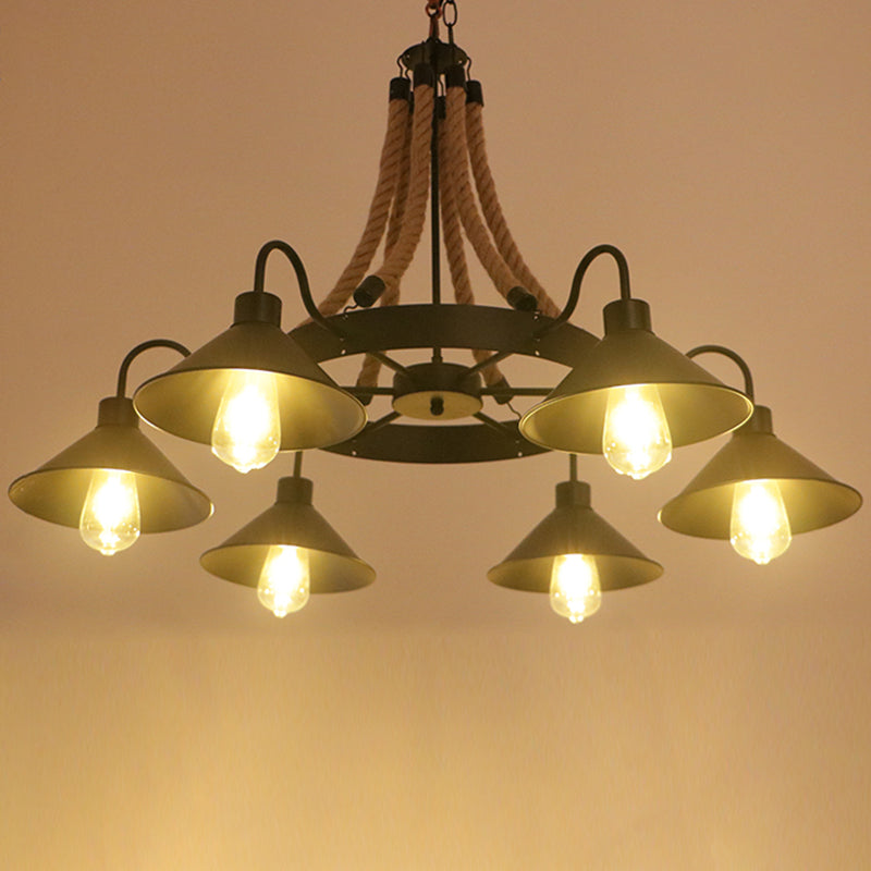 Circular Iron Ceiling Lighting Industrial Restaurant Chandelier Light Fixture with Hemp Rope in Black